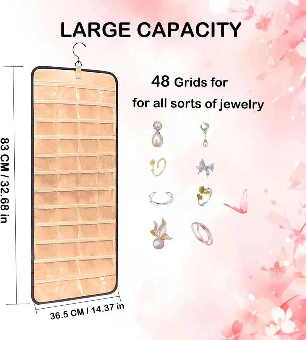 48 Pocket Oxford Fabric Double Sided Hanging Rotating Jewelry Organizer with Hanger Hooks for Earrings, Necklaces, Rings, Bracelets and Other Jewelry Storage