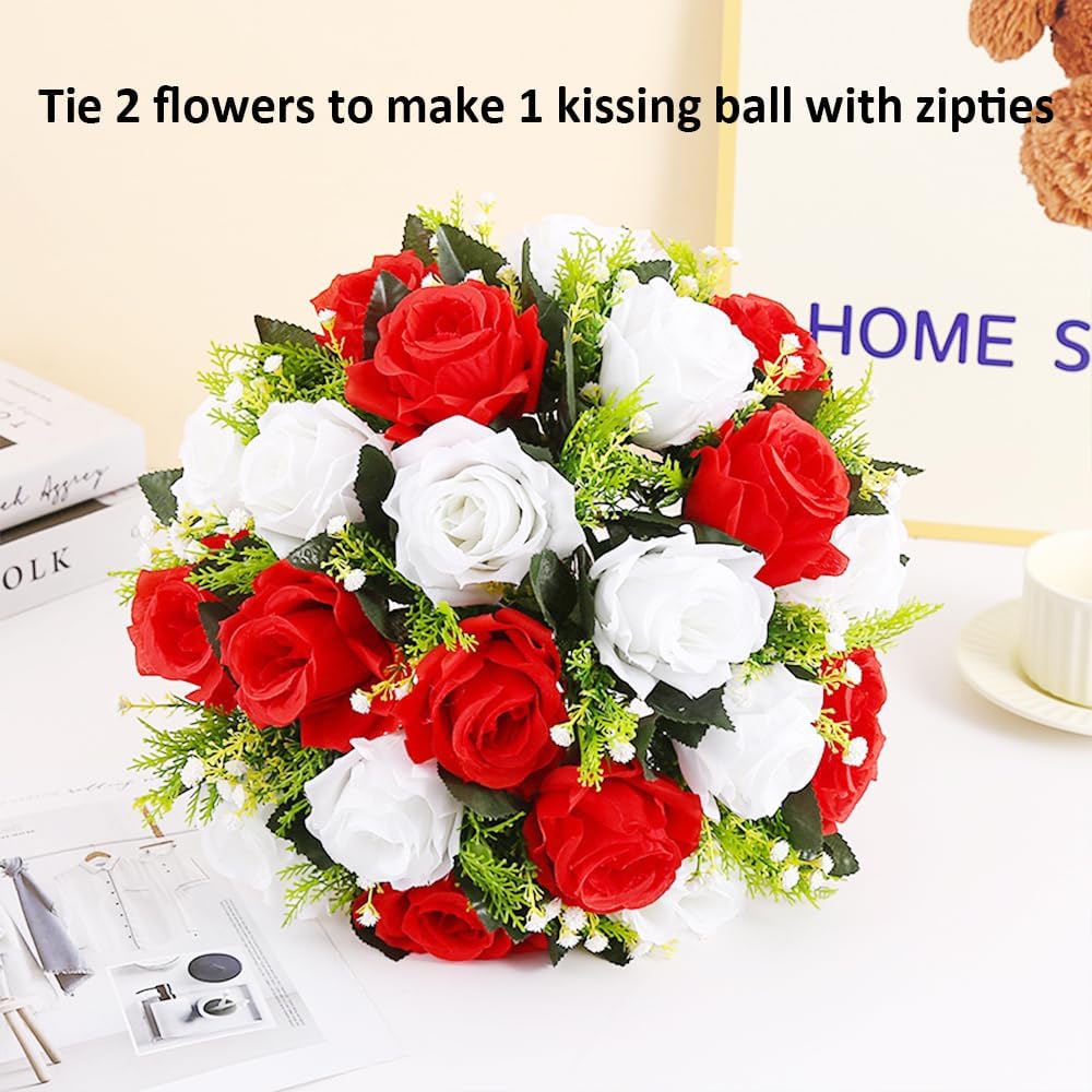 10Pcs Artificial Rose Balls for Centerpieces (Red & White)