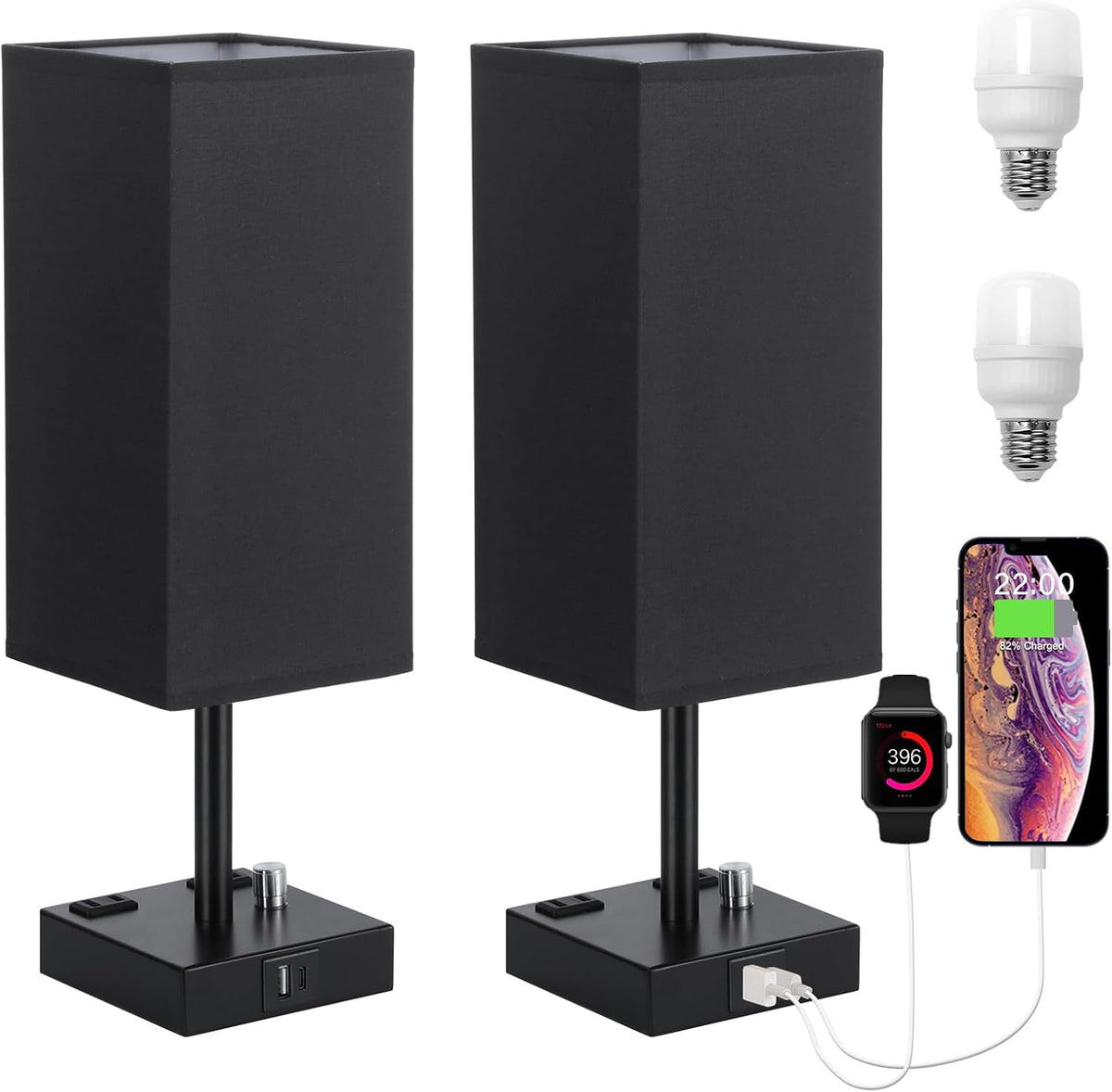 Black Bedside Table Lamps Set of 2 - Dimmable, USB C+A, 2 AC Outlets