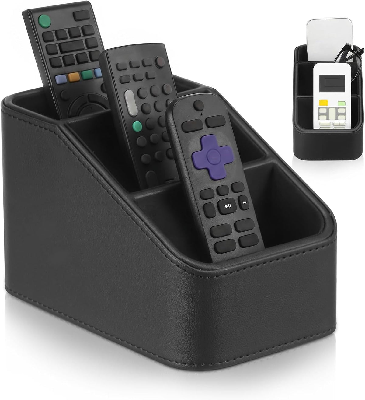 PU Leather Remote Control Holder, TV Remoter Caddy Desktop, Remote Caddy Box with 3 Compartments for Nightstand Bedside Table Couch Desk, Small Storage Organizer for Glasses, Cosmetics, Office Supply