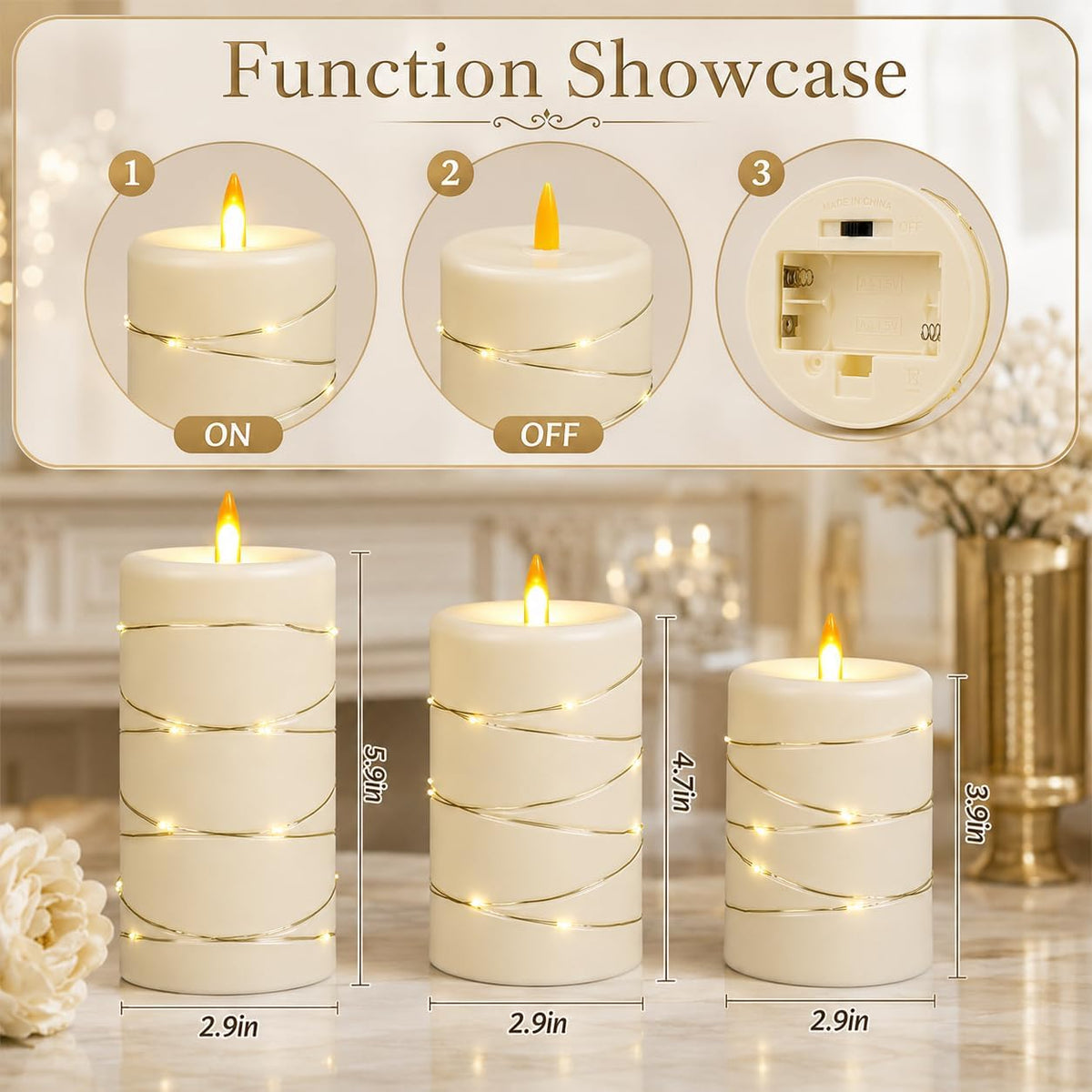 Upinmz Flickering Flameless Candles with String Lights, Battery Operated Candle, LED Pillar Fake Candle with Remote Control and Timer -3 Pack Ivory White