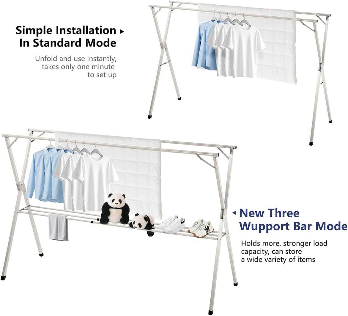 63 inches Foldable Clothes Drying Rack, Stainless Steel Indoor Outdoor Use
