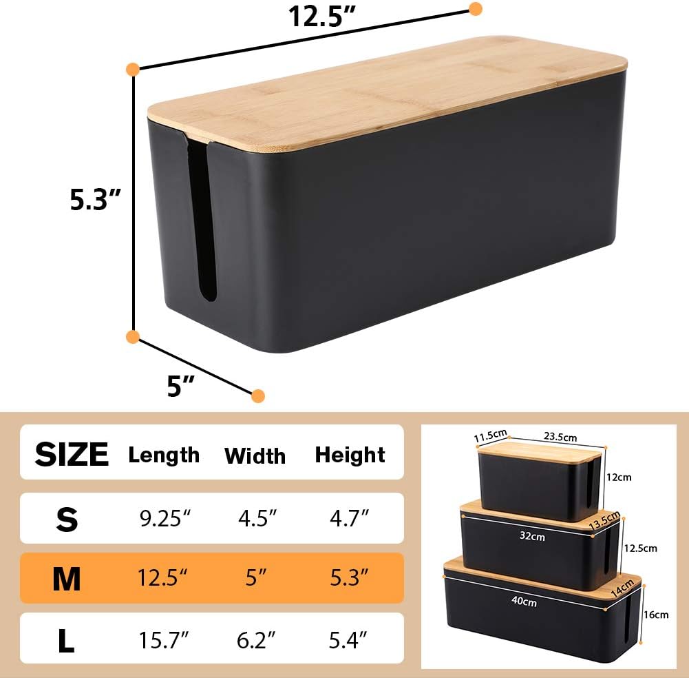 PowerKing Cable Management Boxes Organizer, Bamboo Lid, Large Storage Wires Keeper Holder for Desk, TV, Computer, USB Hub, System to Cover and Hide & Power Strips & Cords (Luxury Black)