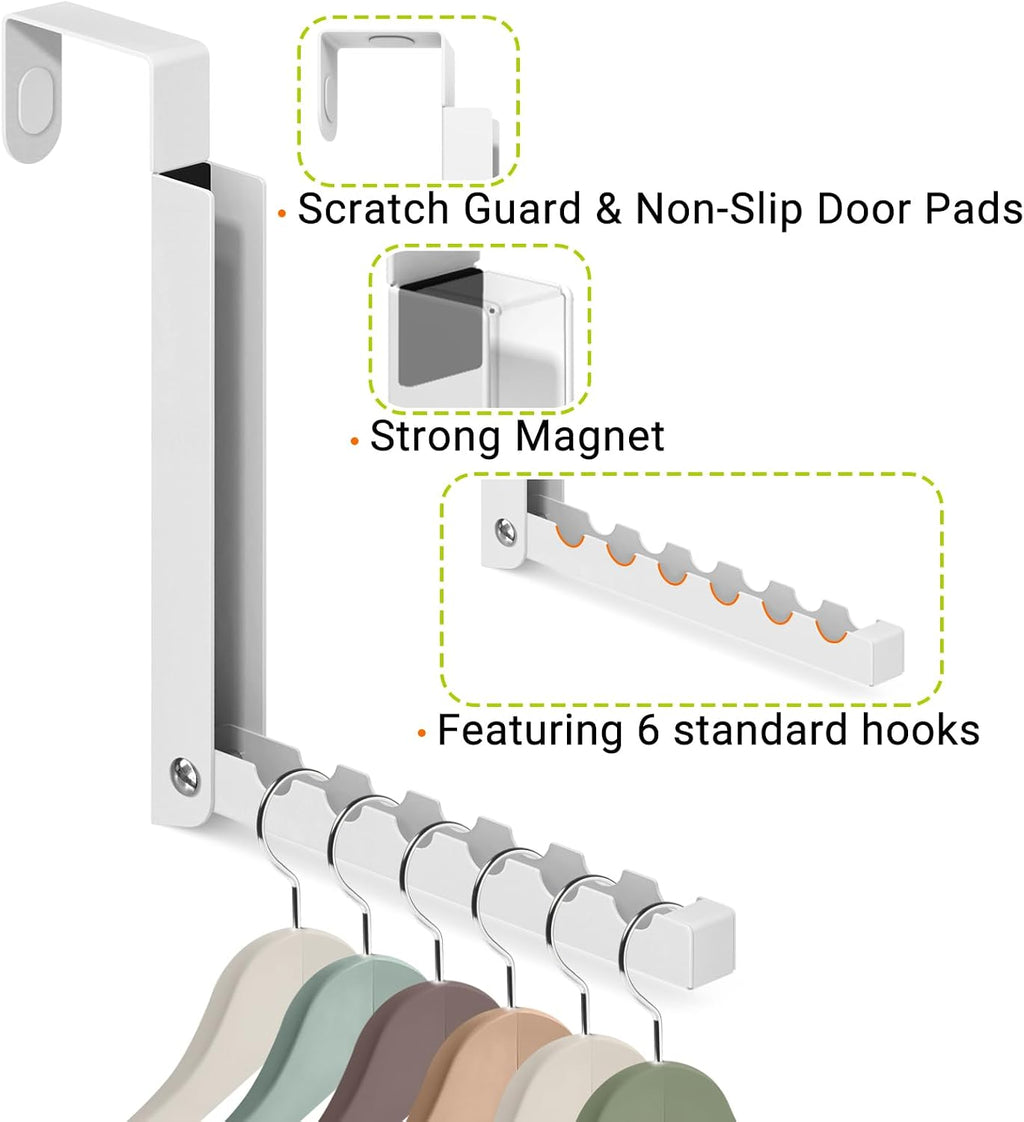 2 Pack Over The Door Hooks, 6 Hooks Foldable Door Hanger Clothes Drying Rack, Portable Space Saving Organizer for Entryway Bedroom Laundry Room Travel, White