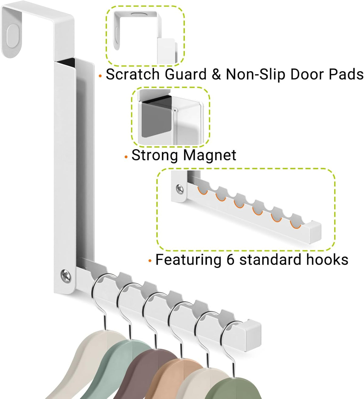2 Pack Over The Door Hooks, 6 Hooks Foldable Door Hanger Clothes Drying Rack, Portable Space Saving Organizer for Entryway Bedroom Laundry Room Travel, White
