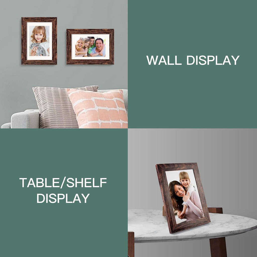 BAIJIALI 5x7 Picture Frame Rustic Brown Wood Pattern Set of 4 with Tempered Glass,Display Photos 4x6 with Mat or 5x7 Without Mat, Horizontal and Vertical Formats for Wall and Table Mounting