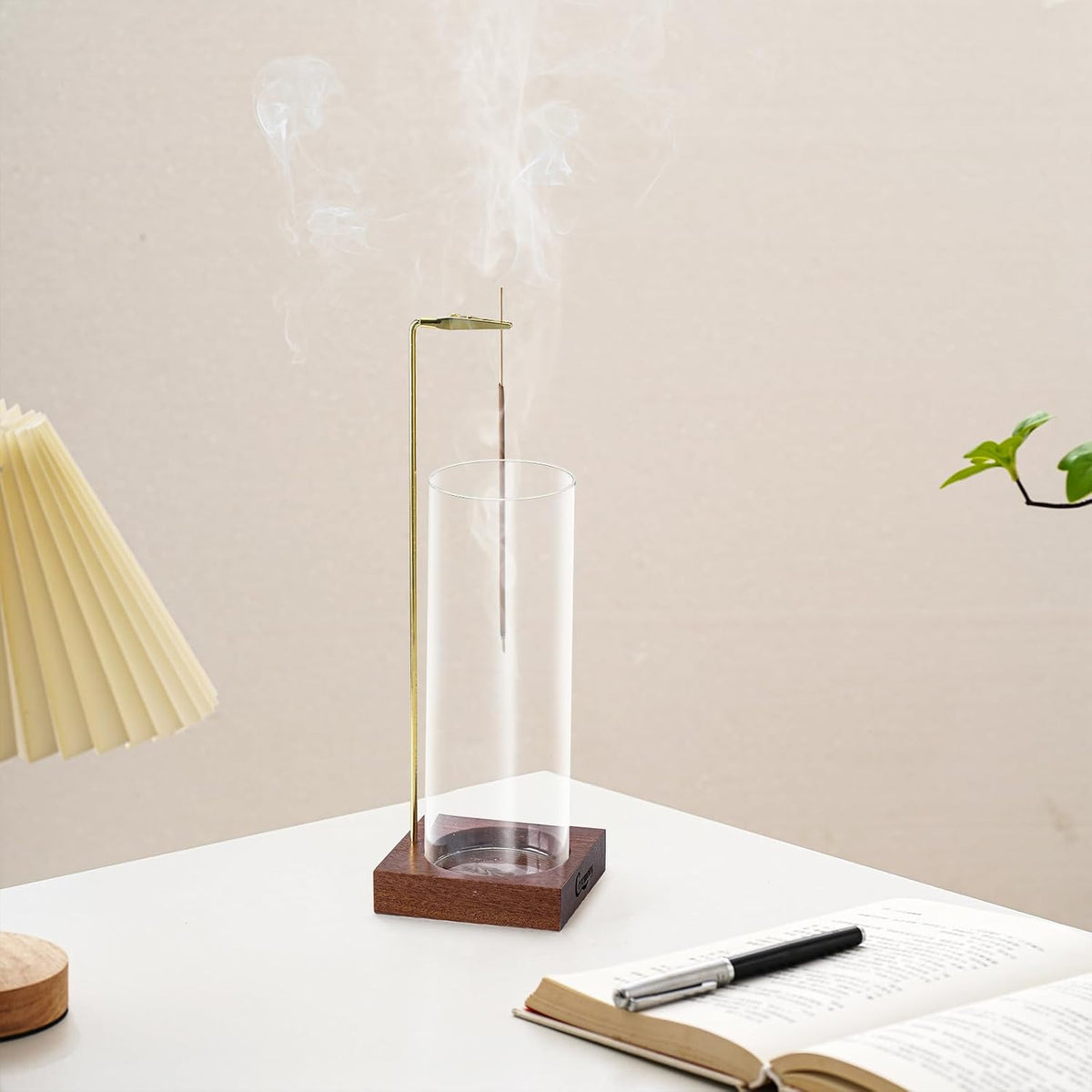 Ceremony Incense Holder, Wooden Incense Burner with Glass Ash Catcher (Transparent Round, One Glass)