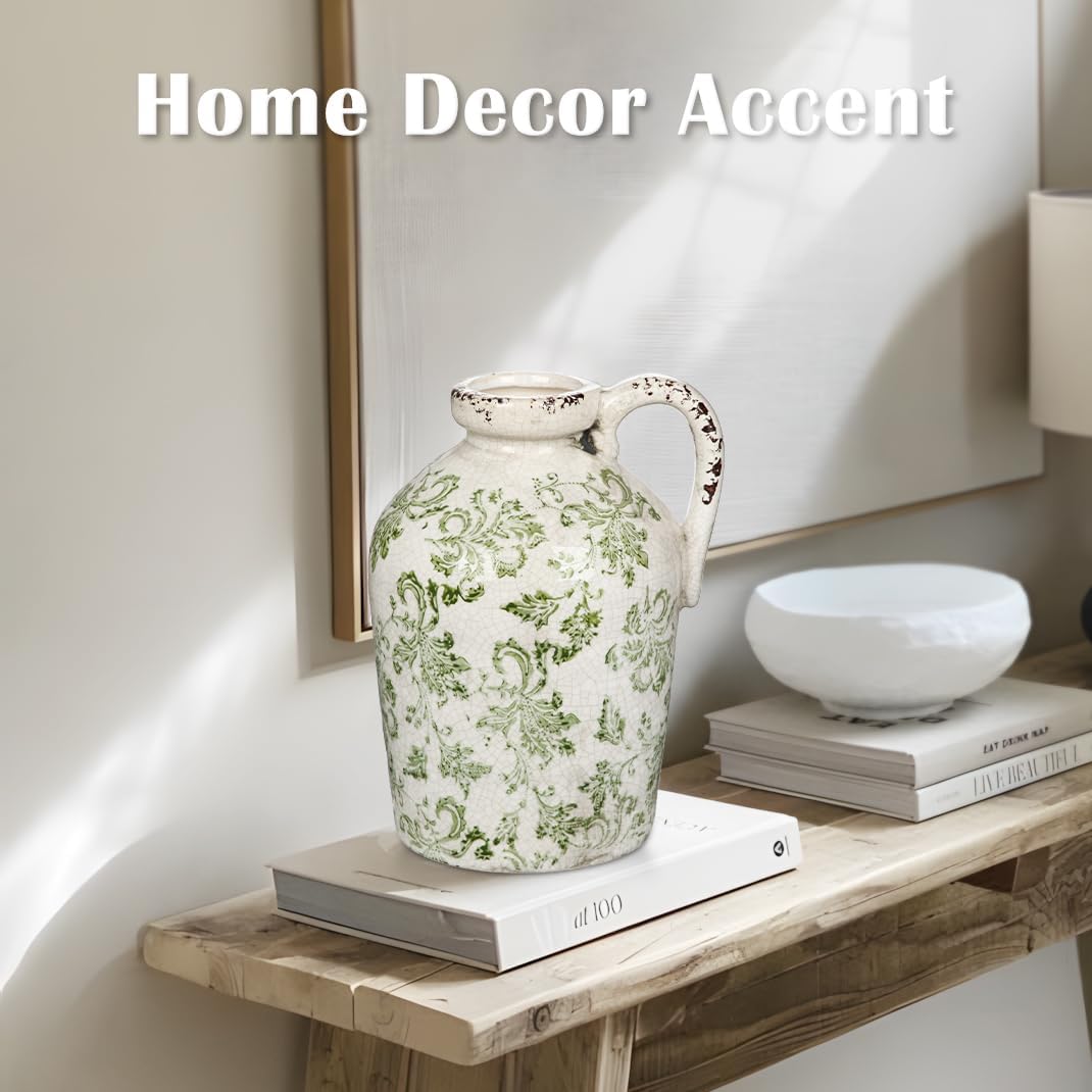 Ceramic Rustic Farmhouse Vase, 9 inch Ceramic Green and White Vase for Centerpieces Pampas Grass Pottery Jug with Handle Boho Chinoiserie Decor Vintage Vases for Living Room Kitchen Dinner Table Shelf