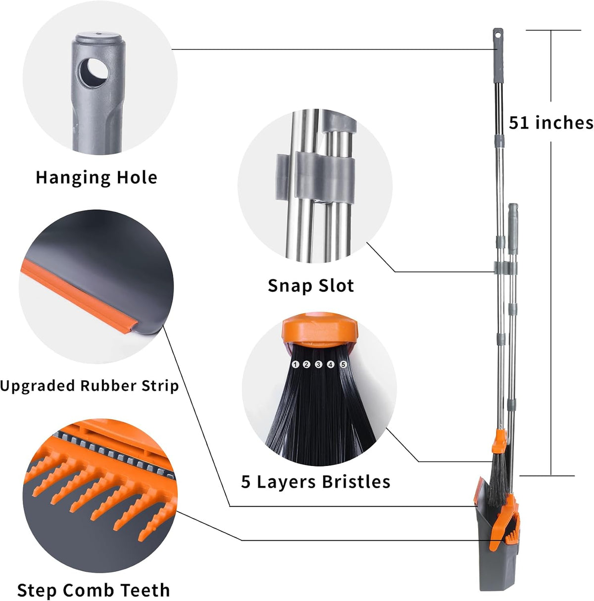 Broom and Dustpan Set for Home, 51" Long Handle Standing Pan Grey Orange