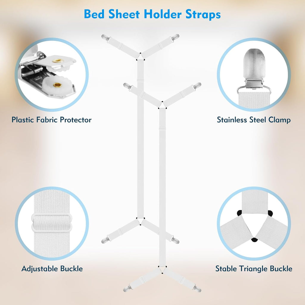 Bed Sheet Straps, 2Pcs Elastic Adjustable Bed Sheet Holder Straps, Fitted Sheet Straps to Hold Sheets in Place with Metal Clips, Sheet Holders for Mattress Cover, Sheet, Sofa Cushion (White)