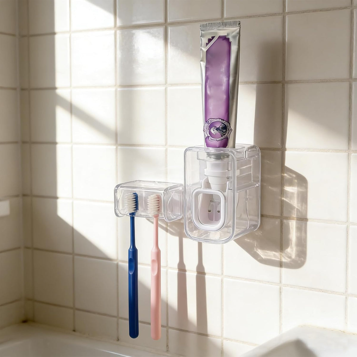 Toothbrush Holder Wall Mounted with Cover for Bathroom, 2 Slots Toothbrush Storage Organizer for Shower, Self Adhesive Toothbrush Hanger with Automatic Toothpaste Squeezer Dispenser (Clear)