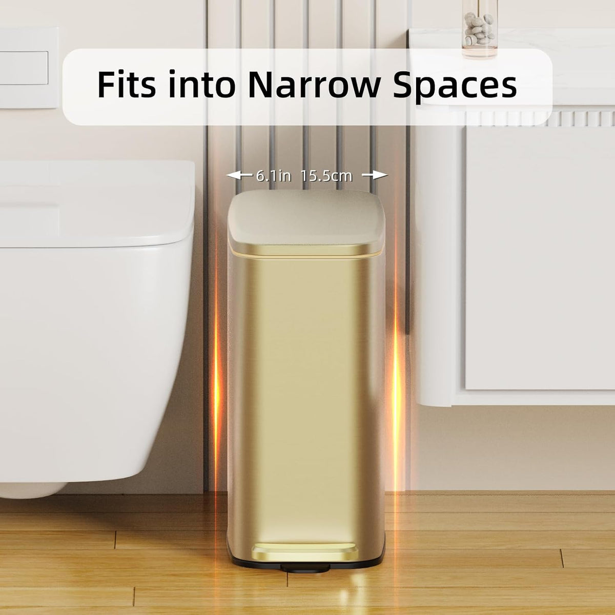 KSSKSS Small Bathroom Trash Can with Lid Soft Close, Step Pedal, 6L / 1.6 Gal Stainless Steel Garbage Bin with Removable Inner Bucket, Slim Wastebasket for Narrow Spaces (Gold)