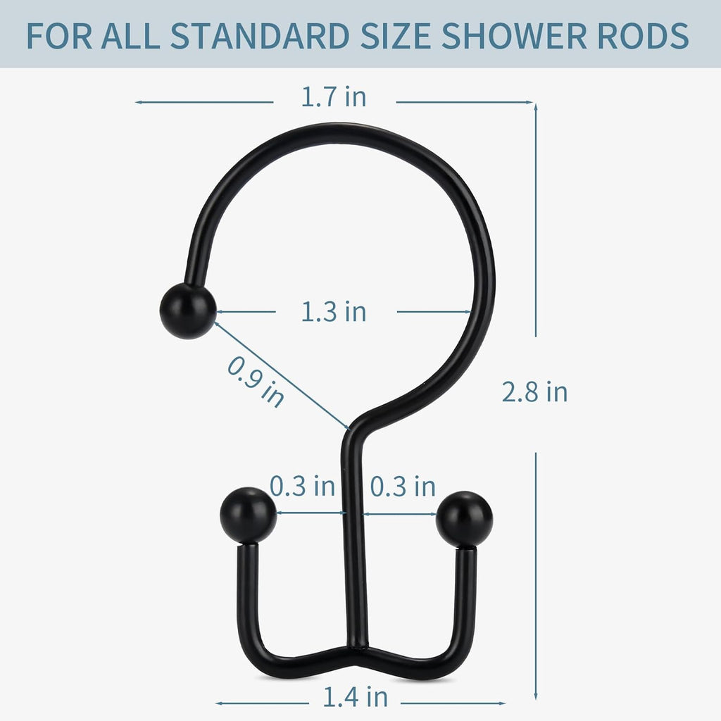 Goowin Shower Curtain Hooks, 12 Pcs Shower Curtain Rings, Durable Rust Proof Black Shower Curtain Hooks, Shower Rings for Curtain, Double Glide Shower Hooks for Shower Curtain Rods, Black