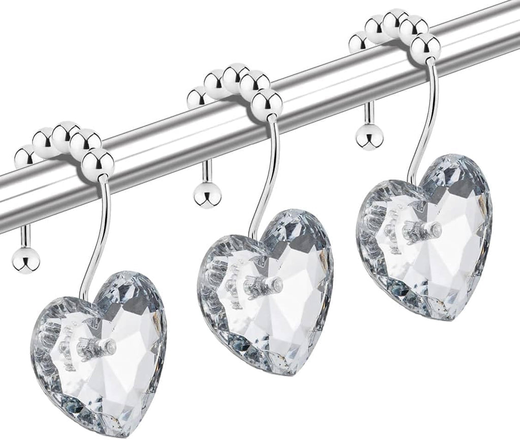 Diamond Shower Curtain Hooks, 12-Pack Heart Shaped Crystal Shower Rings, Decorative Bathroom Hangers for Valentine's Day, Bling Clear Fancy