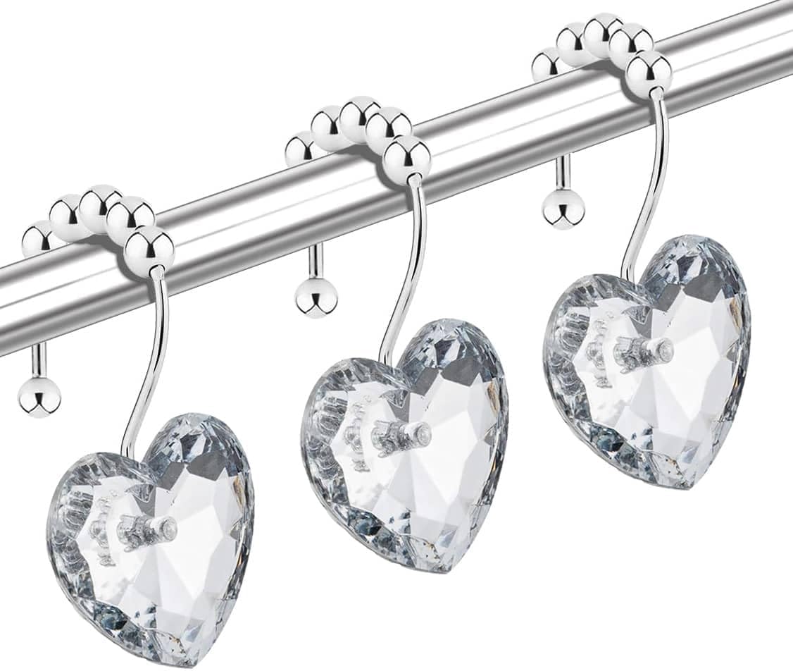 Diamond Shower Curtain Hooks, 12-Pack Heart Shaped Crystal Shower Rings, Decorative Bathroom Hangers for Valentine's Day, Bling Clear Fancy