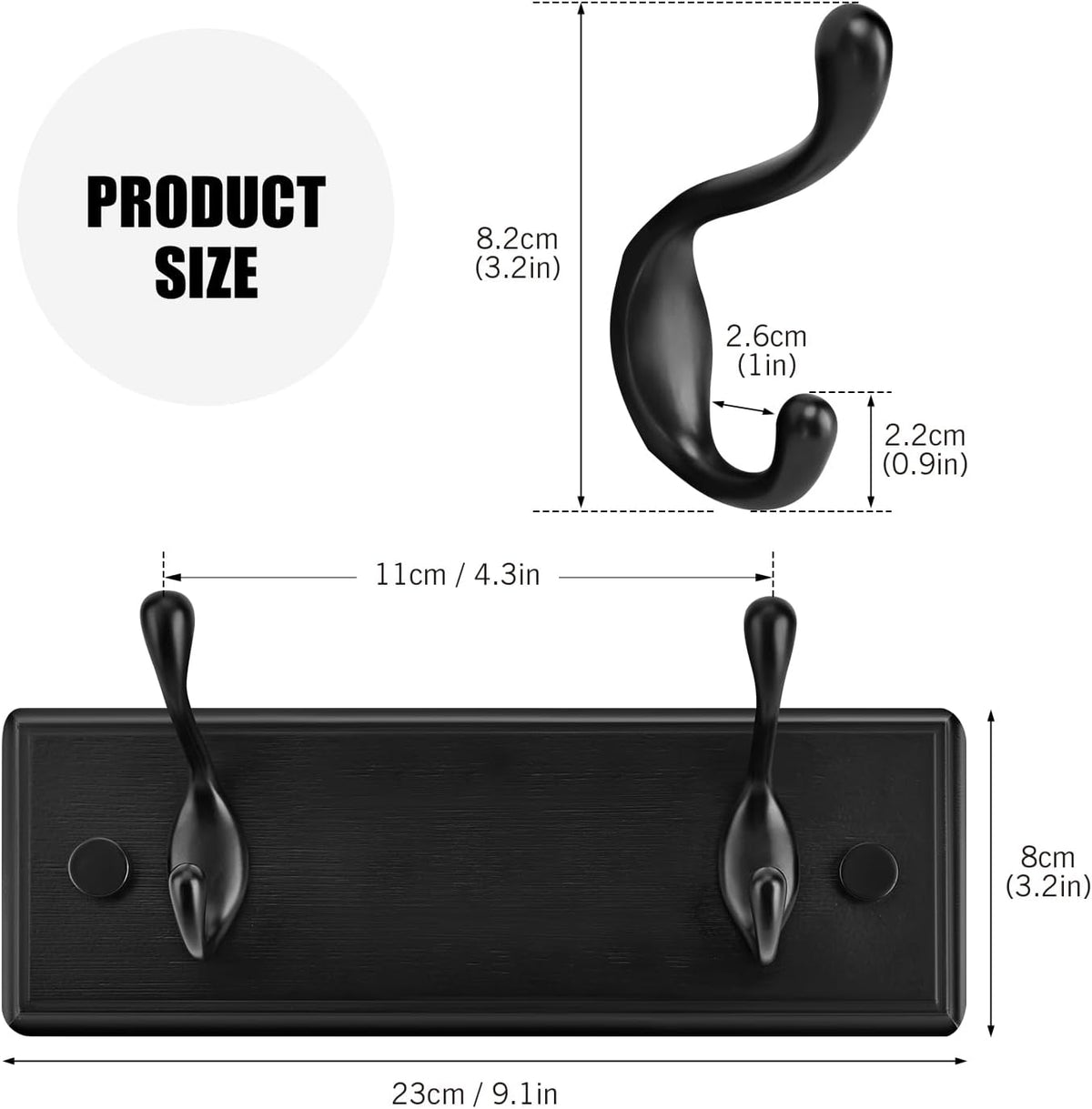 Badiano Heavy Duty Wooden Coat Rack, Wall-Mounted Organizer, 9 Inch, Black