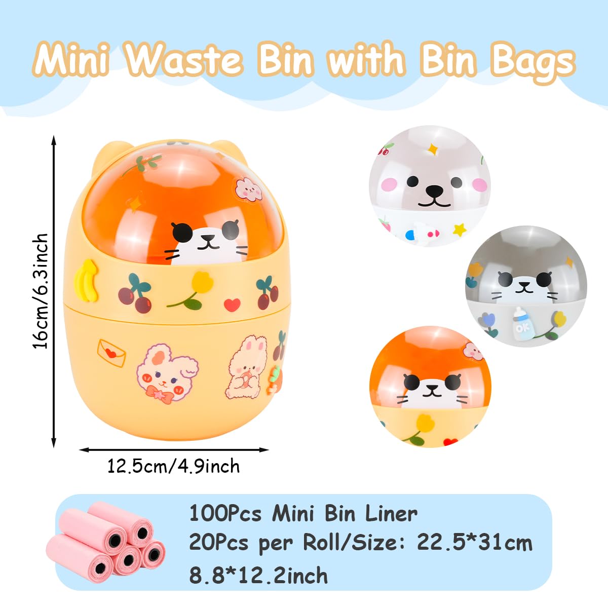 Cute Mini Trash Can with 5 Rolls Bin Liners, Grey