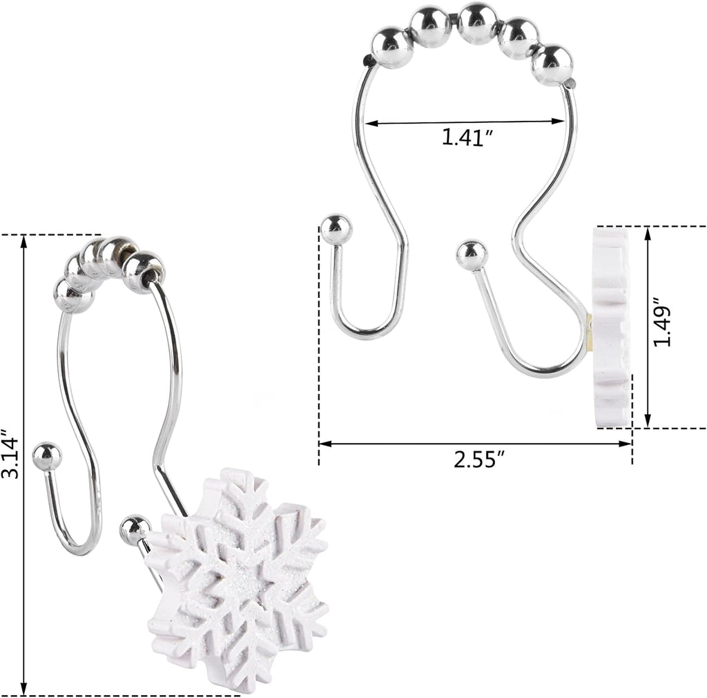 Snowflake Double Shower Curtain Hooks, 12 PCS Christmas Double Slide Shower Curtain Hooks Rings for Winter Decoration in Bathroom and Living Room