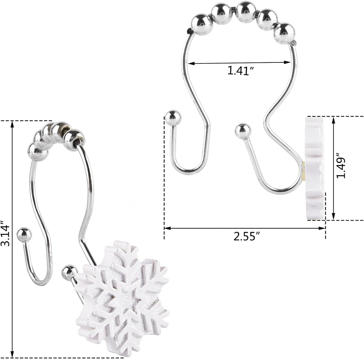 Snowflake Double Shower Curtain Hooks, 12 PCS Christmas Double Slide Shower Curtain Hooks Rings for Winter Decoration in Bathroom and Living Room