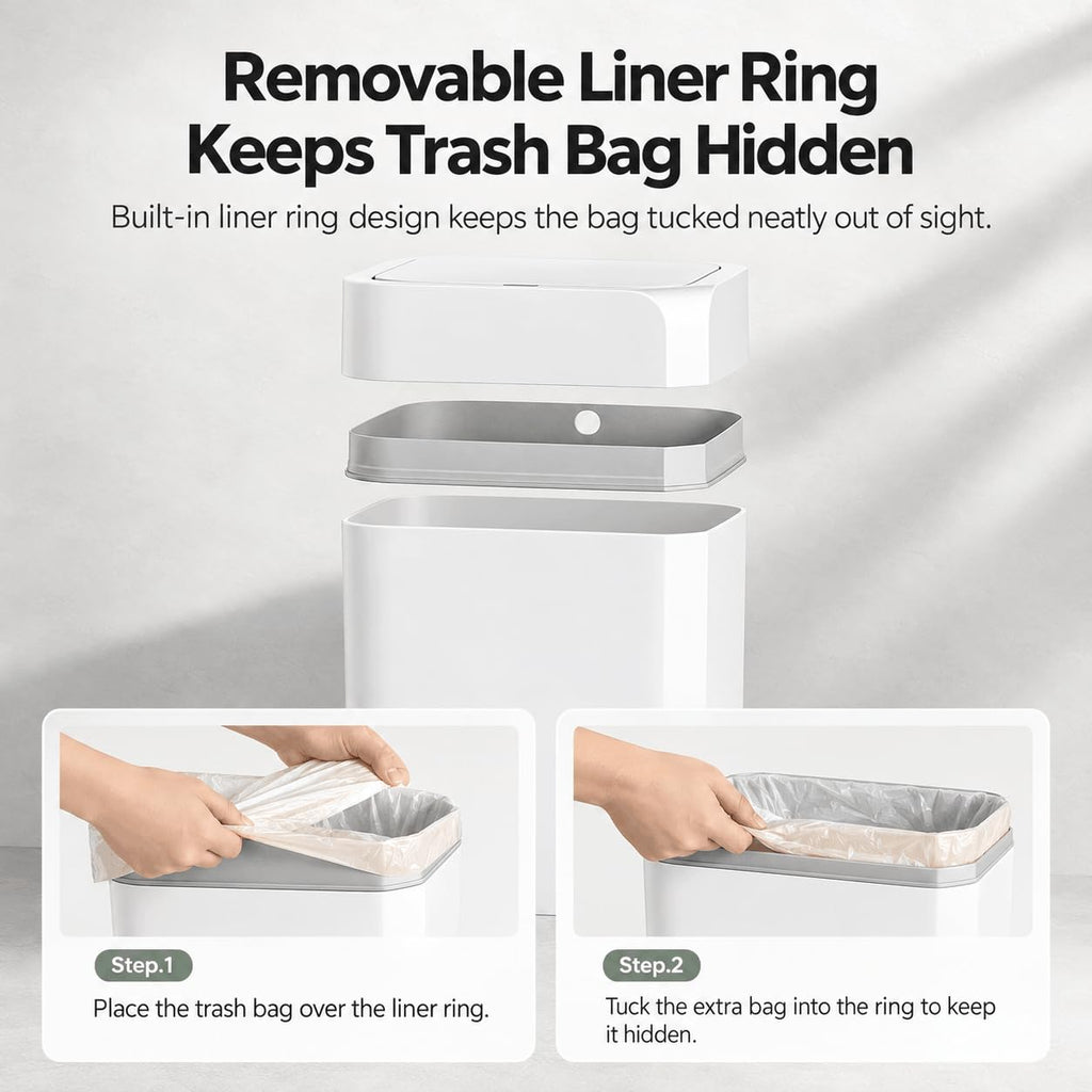 9L + 12L Motion Sensor Trash Can Set, White Automatic Plastic Garbage Bins, 2.4 Gal + 3.2 Gal Battery Operated Touchless Trash Can Set for Bathroom, Bedroom, Office