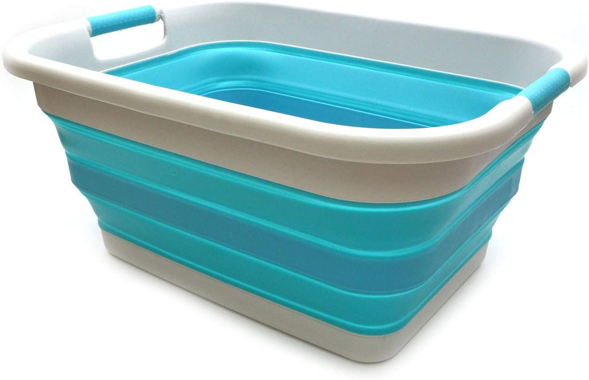 SAMMART 41L Collapsible Plastic Laundry Basket - Foldable Pop Up Storage Container/Organizer - Portable Washing Tub - Space Saving Hamper/Basket (1, Grey/Bright Blue)