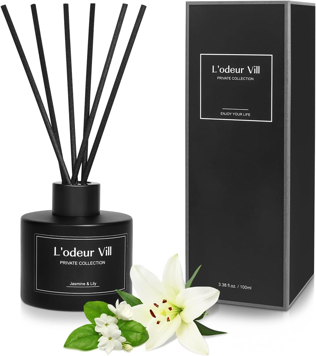 L'odeur Vill Reed Diffuser, 3.4oz(100ml) Jasmine & Lily Reed Diffuser Set with 6 Oil Diffuser Sticks, Matte Black Aroma Scent Diffuser, Long Lasting Home Fragrance for Bathroom Shelf Decor