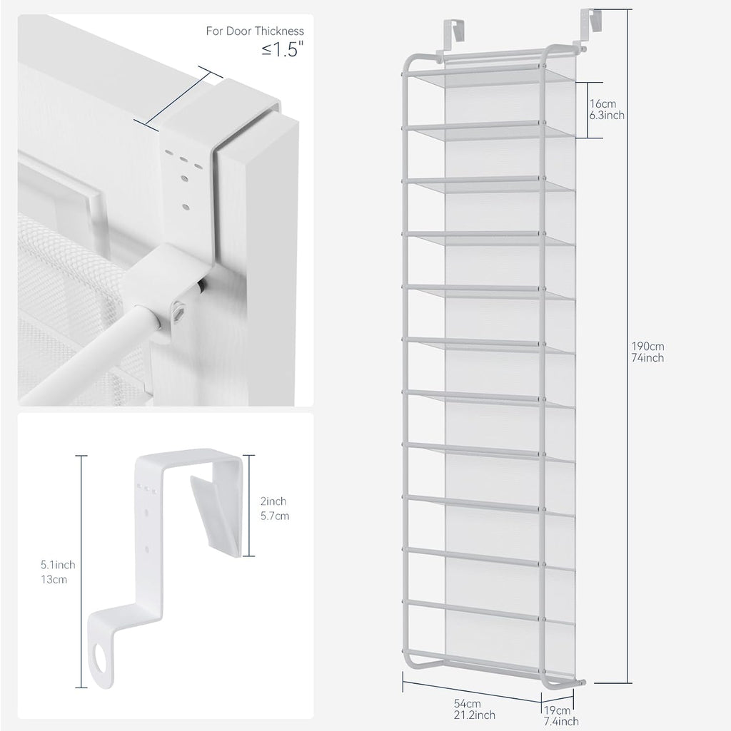 Whitmor 36 Pair Over The Door Shoe Organizer, 12 Tier Hanging Shoe Organizer, Heavy Duty Metal & Mesh Shoe Holder, Hanging Shoe Rack for Closet Organizer & Storage, 74" H x 21.7" W x 7.5" D, White1