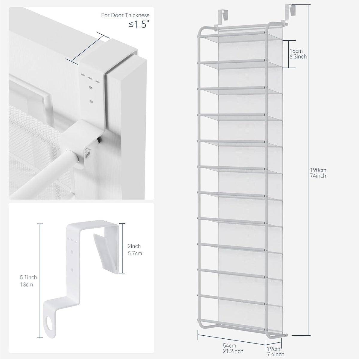 Whitmor 36 Pair Over The Door Shoe Organizer, 12 Tier Hanging Shoe Organizer, Heavy Duty Metal & Mesh Shoe Holder, Hanging Shoe Rack for Closet Organizer & Storage, 74" H x 21.7" W x 7.5" D, White1