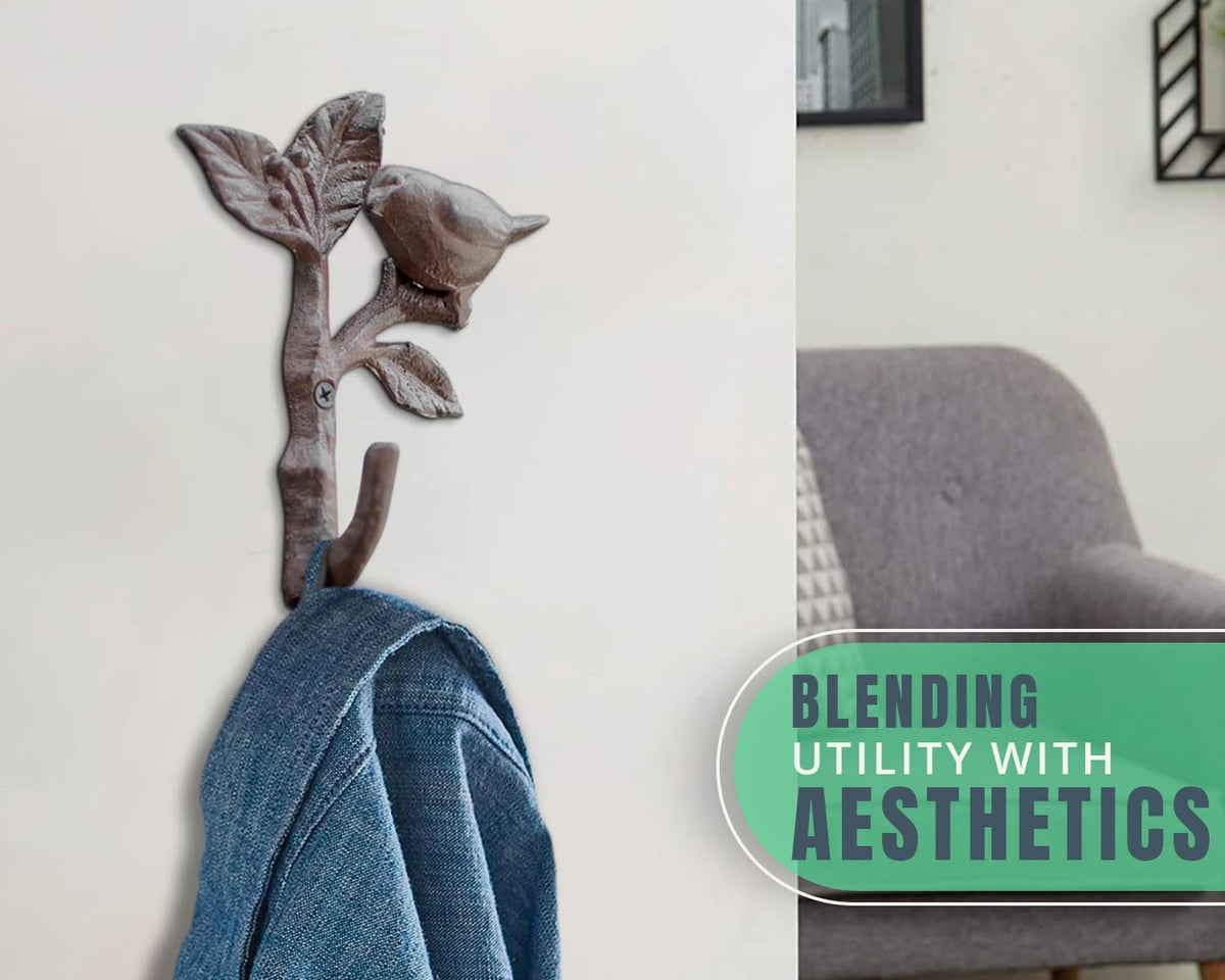 Comfify Rust Brown Bird on a Branch Cast Iron Wall Hook – Screws Included