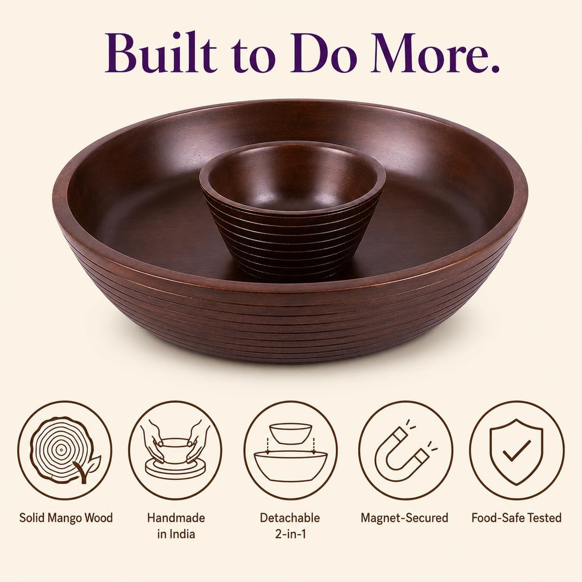Melvvi Wooden Chip and Dip Bowl, Round Detachable Pedestal, 12" Brown