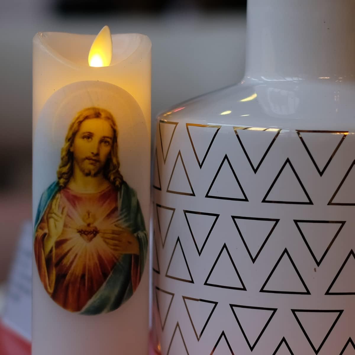 Sacred Heart of Jesus Flameless Prayer Candle, Real Wax, Moving Wick, Jesus Devotion Flicker Bright Candles, Battery Operated with Remote Timer Function