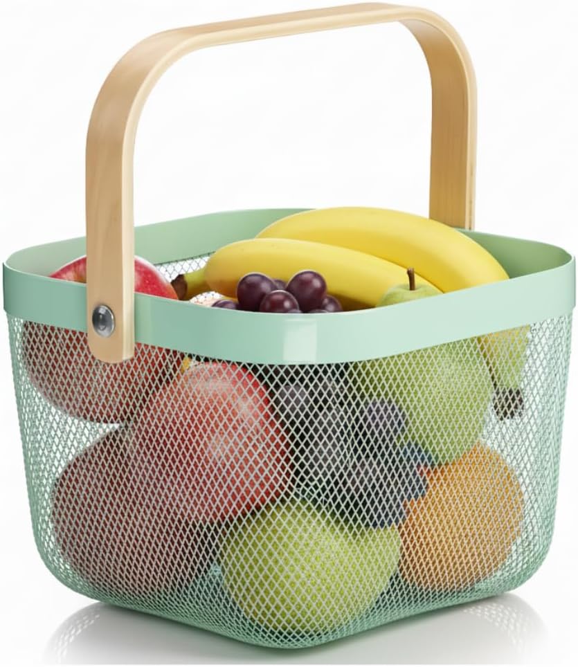 Mesh Steel Storage Organizer Basket Fruit Basket Bin with Wood Handle Ideal for Kitchen Bathroom Picnic Baskets Pantry Cabinets Storage Home Decor (Nebula Green)