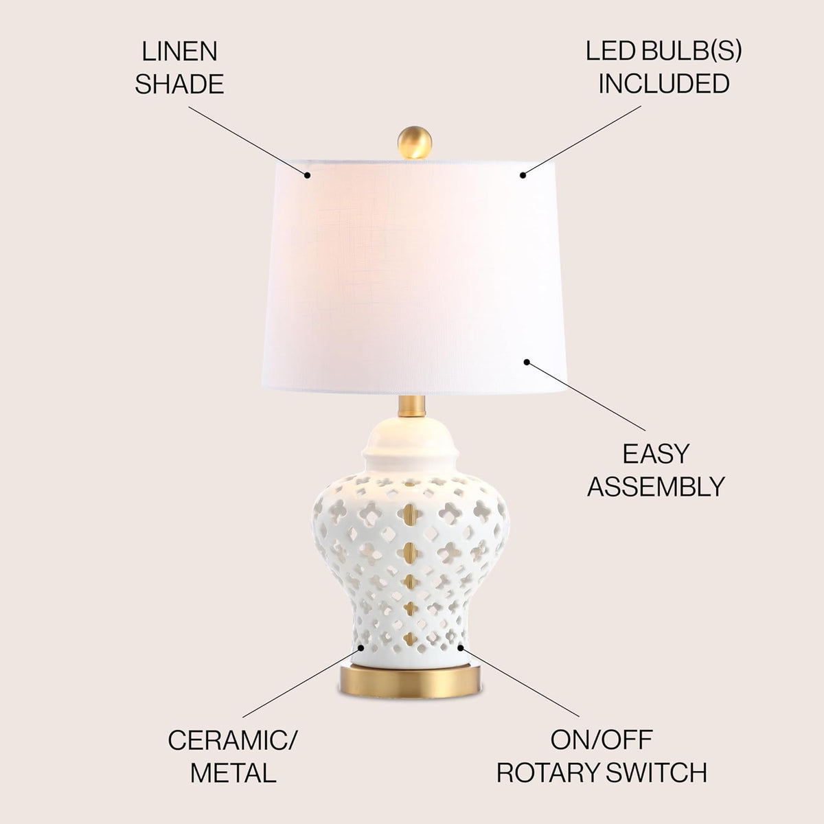 JONATHAN Y Pierced Ginger Jar 20.5" Ceramic Table Lamp, White
