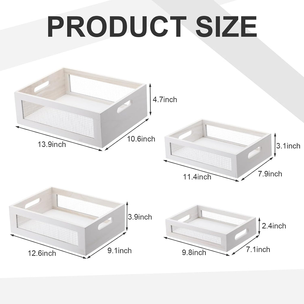 FillTouch 4 Pcs Wooden Nesting Countertop Baskets, White, Small