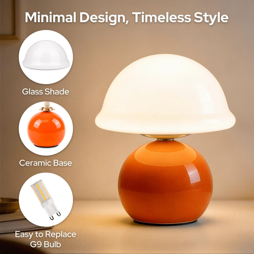 Glass Mushroom Lamp, Dimmable Bedside Table Lamp (Orange)