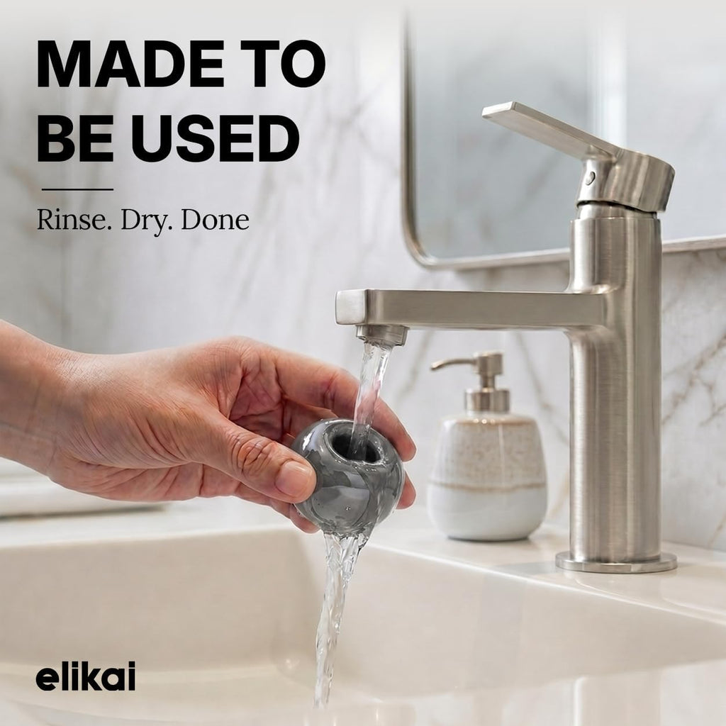 ELIKAI Ceramic Toothbrush Holders with Bathroom Tray, Countertop Organizer for Toothbrushes and Accessories, Hygienic Individual Holder Set (Black, Grey & White, 4 Holders)