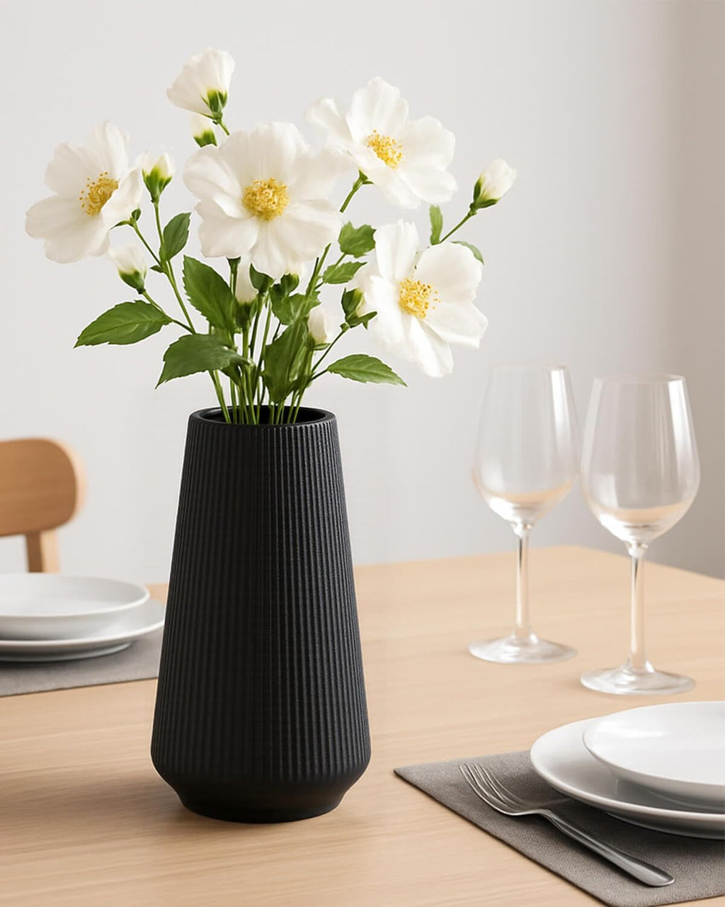 vensovo 8 Inch Glossy Black Ceramic Vase, Ribbed Narrow Neck Flower Vase