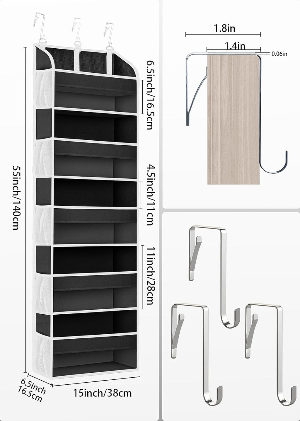 TAHAVICE 1Pack Over the Door Organizer Storage, 5 Large & 10 Mesh Pockets