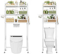 Simple Trending Expandable Over The Toilet Storage Rack, Metal 3 Tier Bathroom Organizer Shelf with Paper Holder and 3 Hooks, White