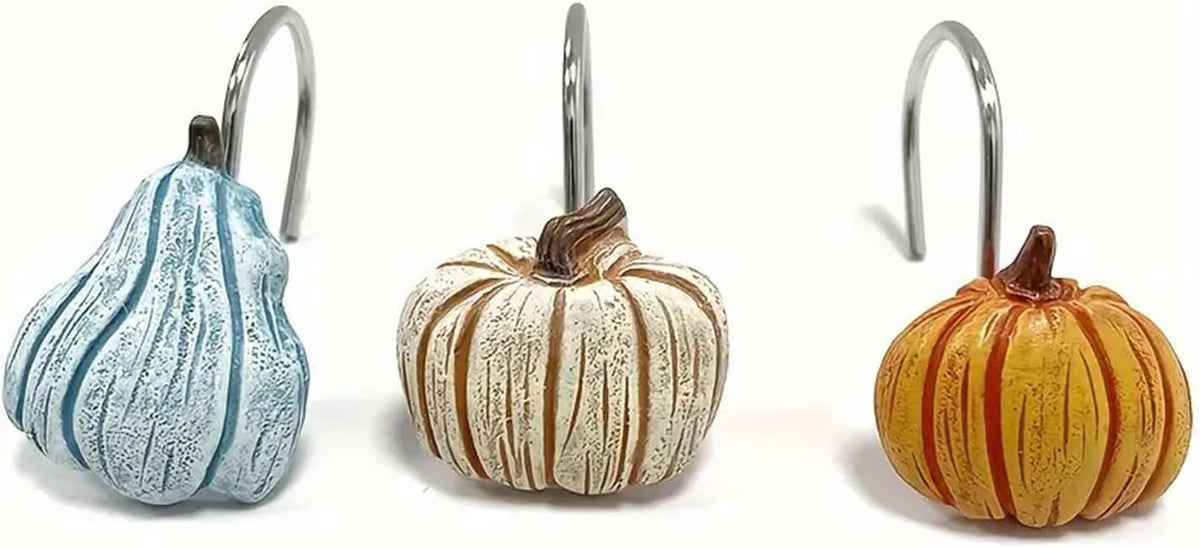 12PCS Fall Pumpkin Shower Curtain Hooks, Autumn Harvest Thanksgiving Decorative Shower Curtain Hooks, Metal Rustproof Shower Curtain Rings for Bathroom Décor
