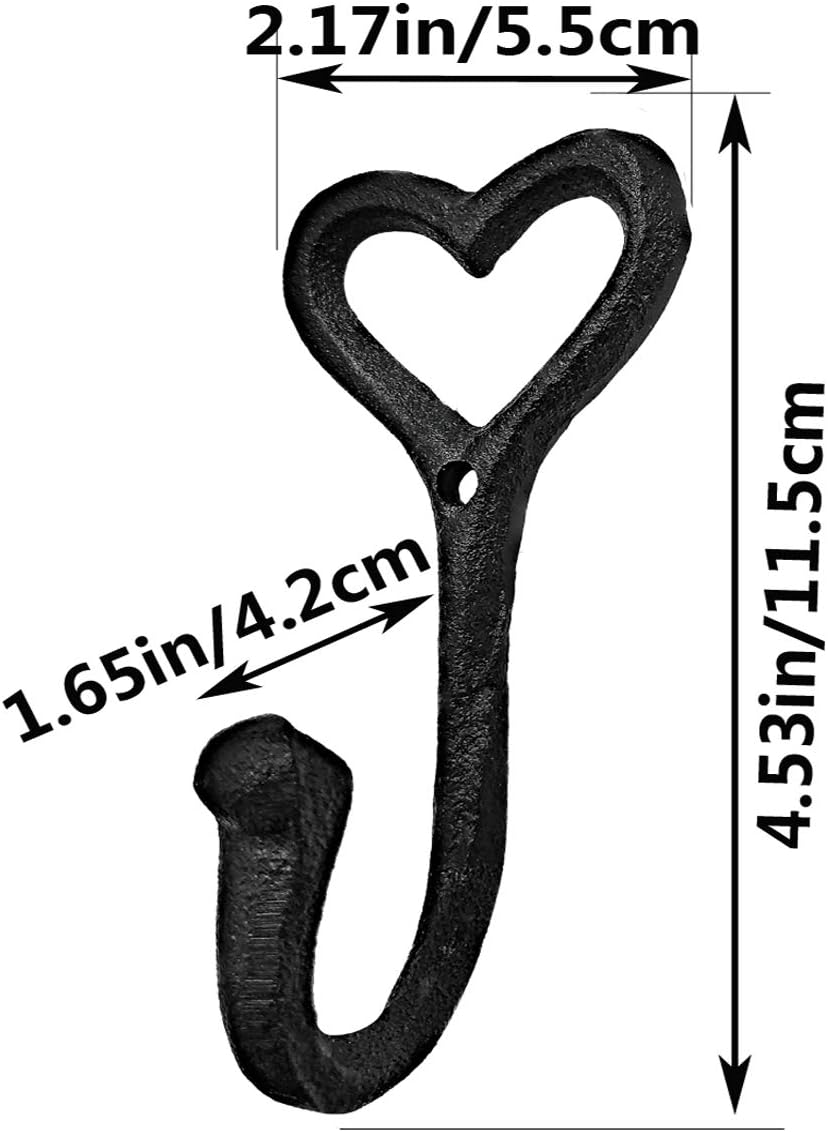 ZEYU Heavy Duty Coat Hooks, 4pcs Cast Iron Love Heart Shape Wall Hooks for Hanging Coats, Black No Rust Hooks for Scarf, Bag, Towel, Key, Cap, Cup, Hat