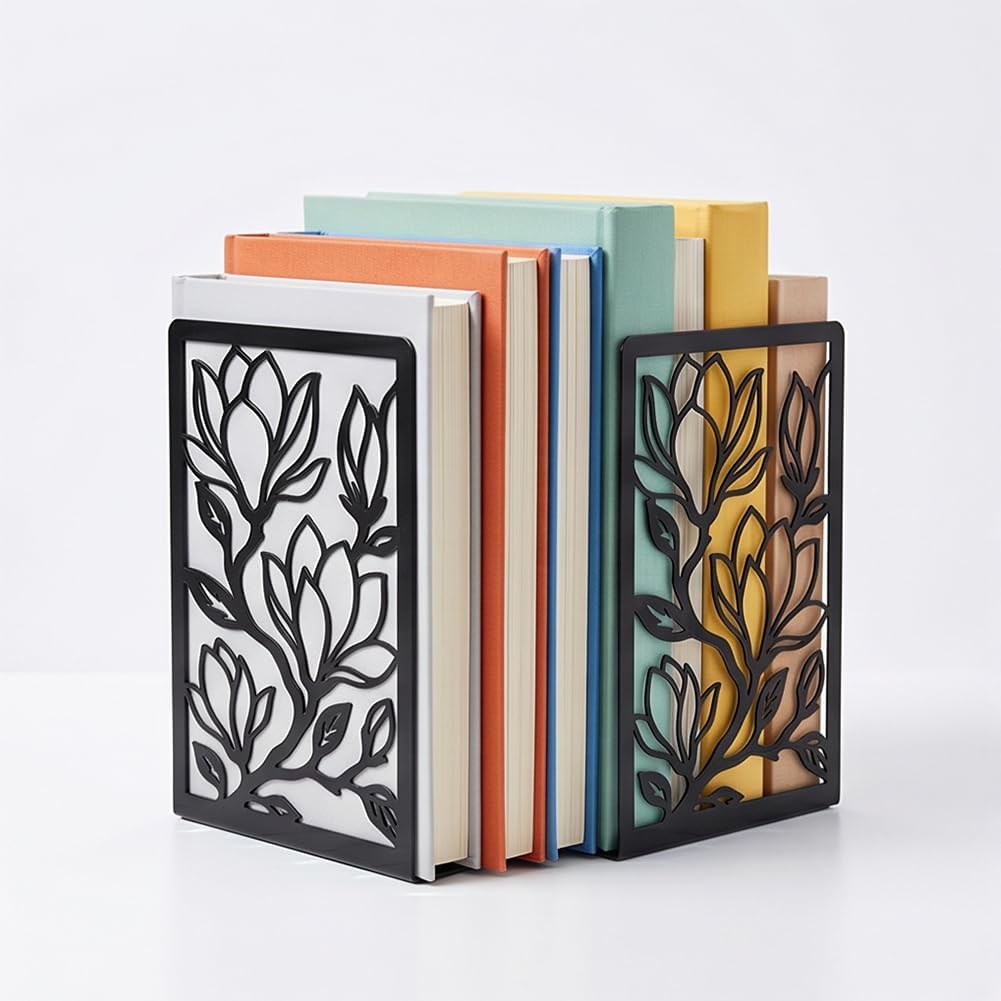 Iron Metal Bookends for Shelves, Magnificent Magnolia Book Ends Decorative Books, Desk Organizer Bookend for Book Display, Non-Slip Bookend for Library Office Home Decor