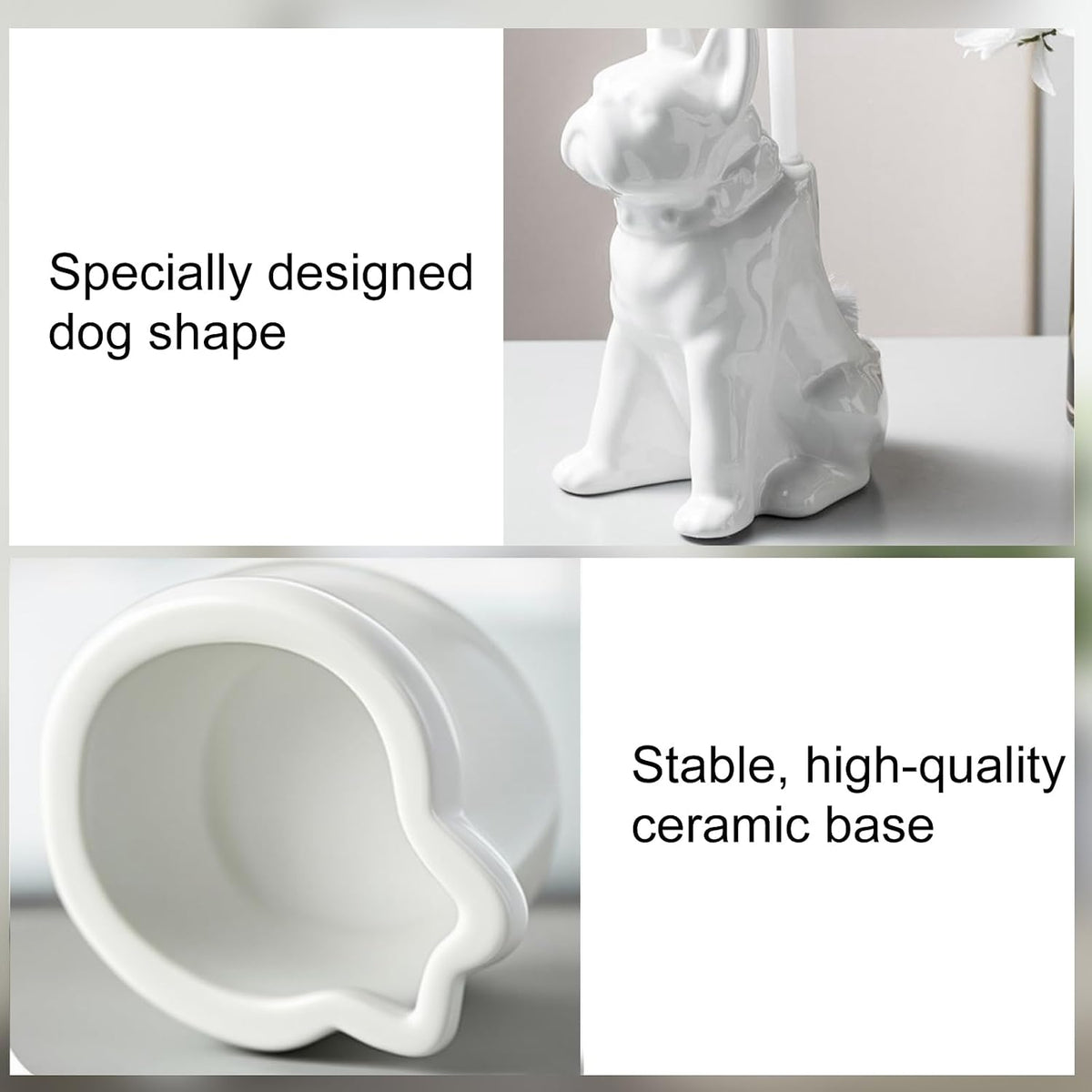 Comeon Ceramic Dog White Toilet Brush and Holder Set, Plastic Handle