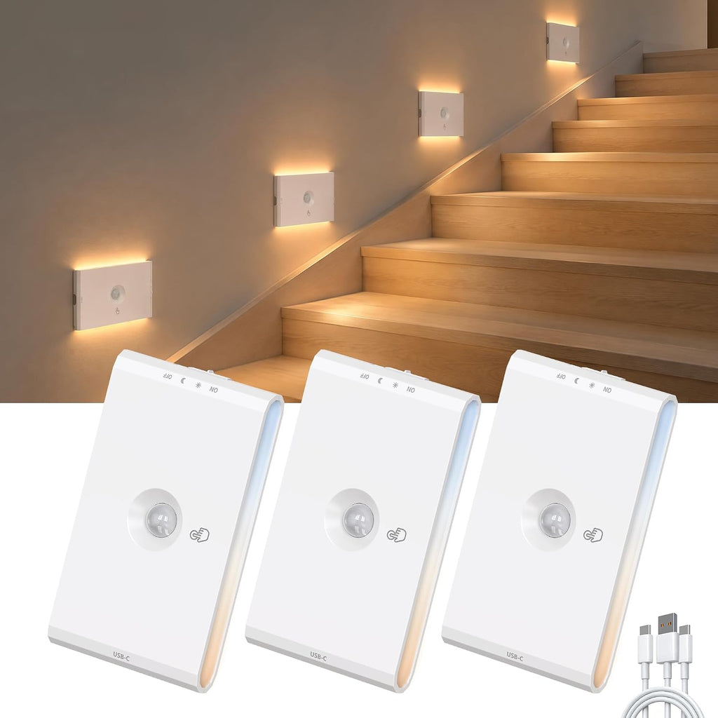 Stair Lights Indoor Motion Sensor, 3 pack Rechargeable Night Light,Black