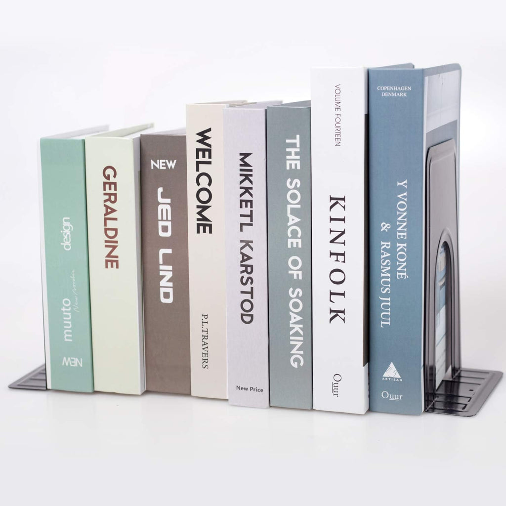 8 Pairs 16 Pieces 8.3 x 5.1 x 6.5 Inch Metal Bookends, KINJOEK Heavy Duty Book Support with Anti Slip Pads for Books, Magazines, DVDs, Perfect for Home, Office, School, Library, Black