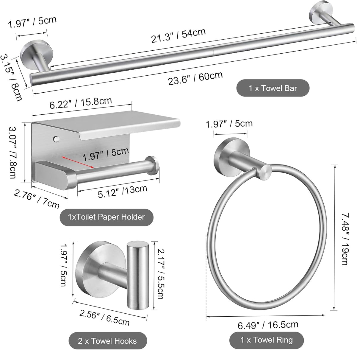 TURS Brushed Nickel 5-Piece Bathroom Hardware Set Towel Bar Set SUS304 Stainless Steel Towel Racks for Bathroom Wall Mounted, 23.6-Inch