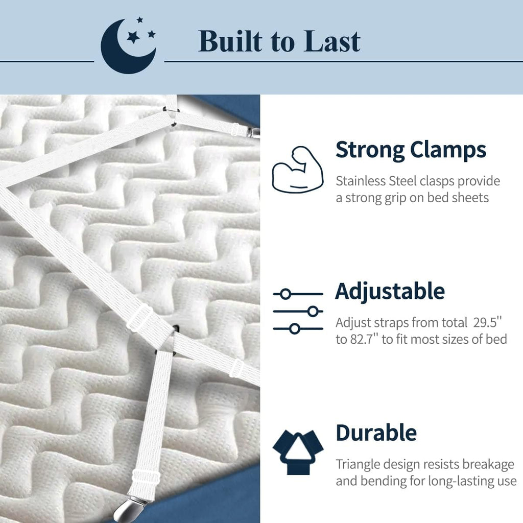 Sopito Sheet Straps, Adjustable Bed Sheet Suspenders Max Stretch from 29.5 in to 82.7 in Compatible for Crib to King Size Bed, Non Slip Holder Fasteners Clips, 2pcs/White