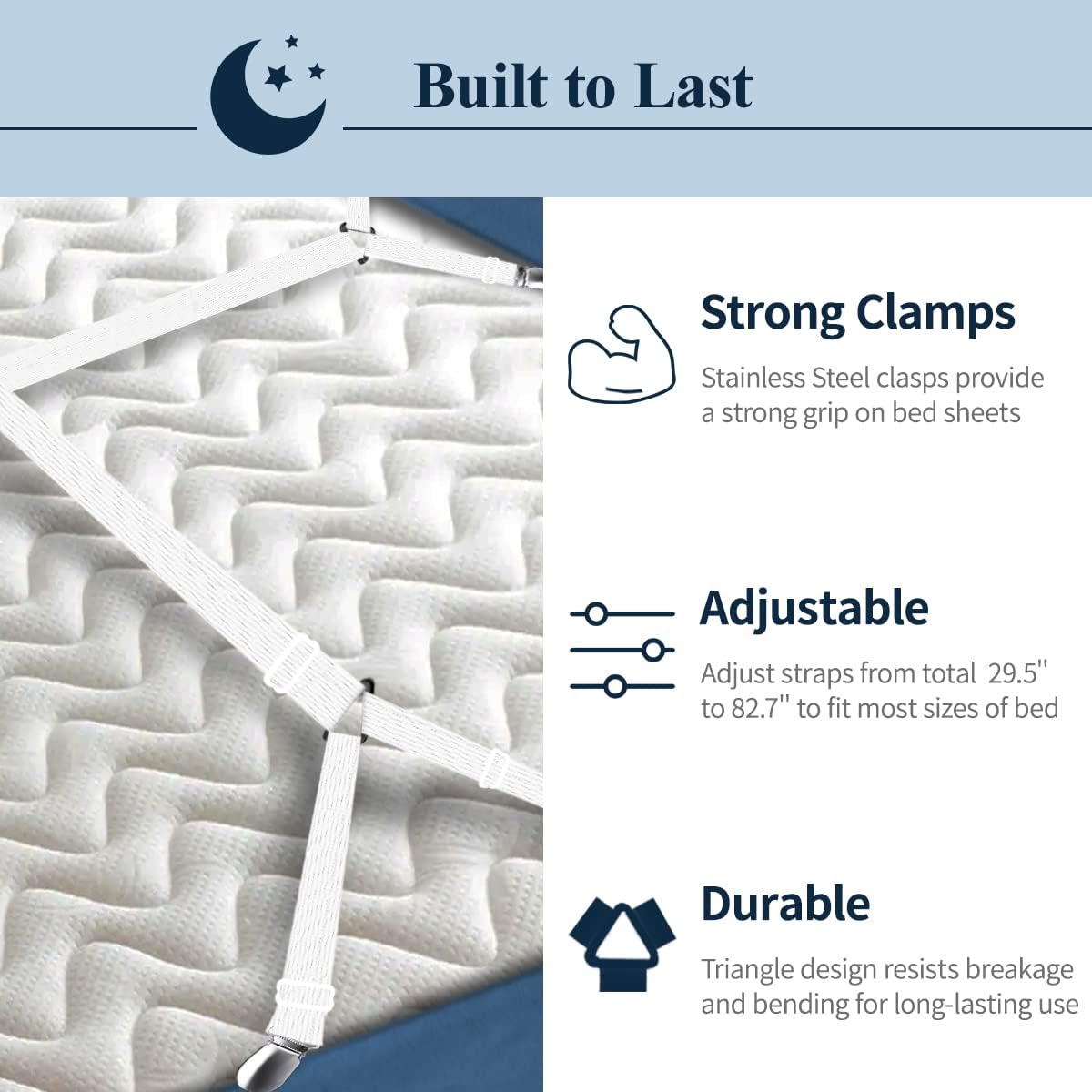 Sopito Sheet Straps, Adjustable Bed Sheet Suspenders Max Stretch from 29.5 in to 82.7 in Compatible for Crib to King Size Bed, Non Slip Holder Fasteners Clips, 2pcs/White