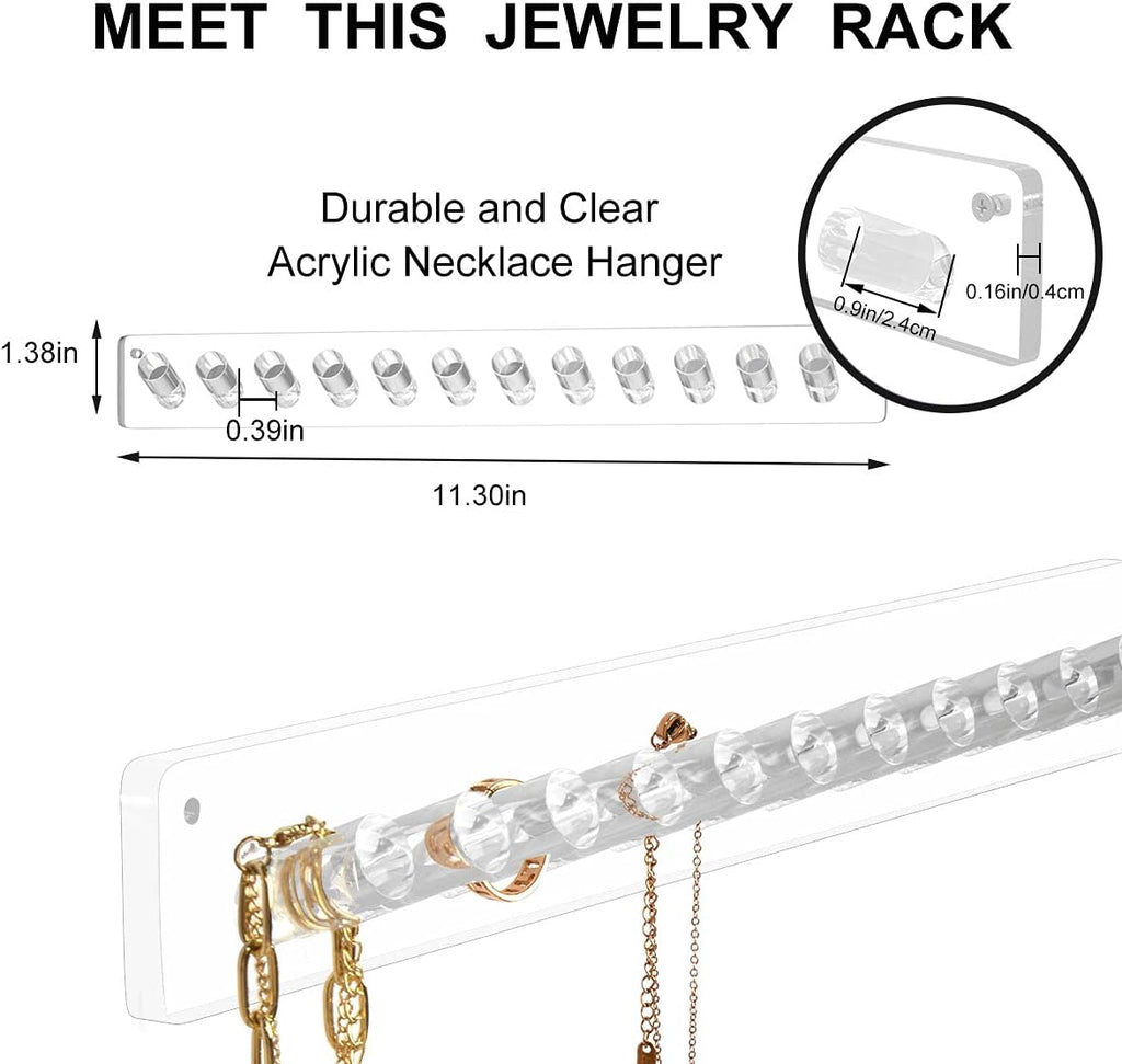 AITEE Acrylic Necklace Holder Organizer Wall Mounted with 12 Hooks, 2 PACK