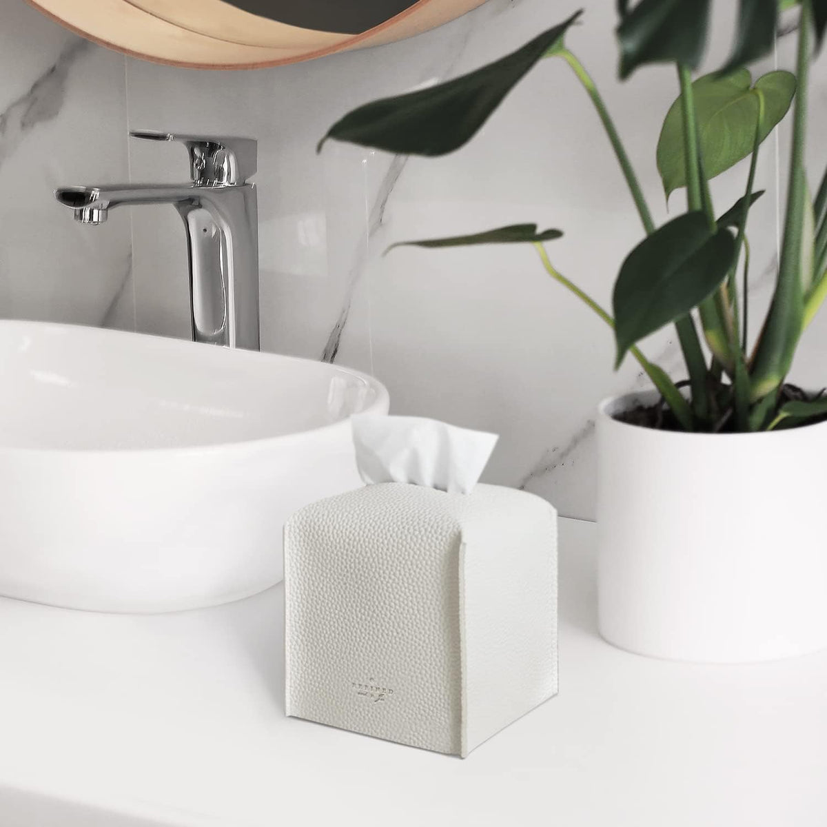 Carrotez Tissue Box Cover, Refined Modern PU Leather Square Holder - Decorative Holder/Organizer for Bathroom Vanity Countertop, Night Stands, Office Desk & Car 5"X5"X5" White (Pack of 3)